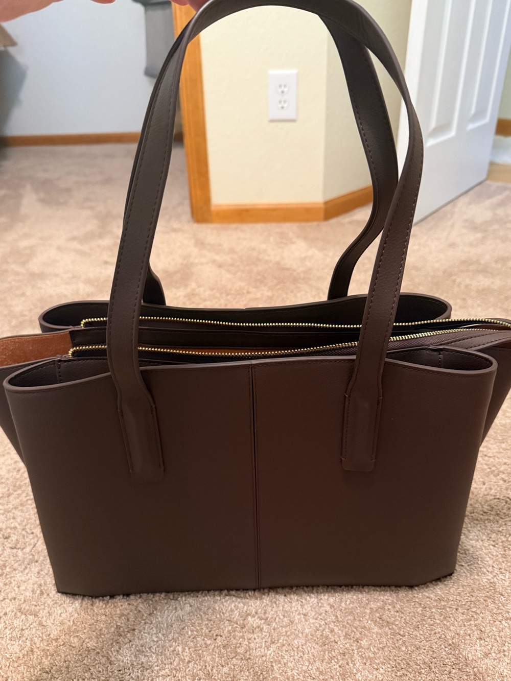 Freja Brown Vegan Leather Tote Bag - Structured Double-Compartment - Picture 2 of 6